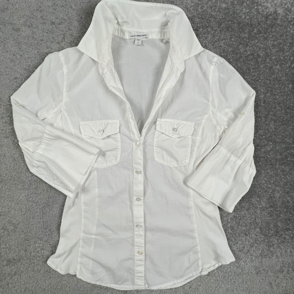 James Perse Standard White Cotton Button Down Shirt Ribbed Panel Size 4 Safari